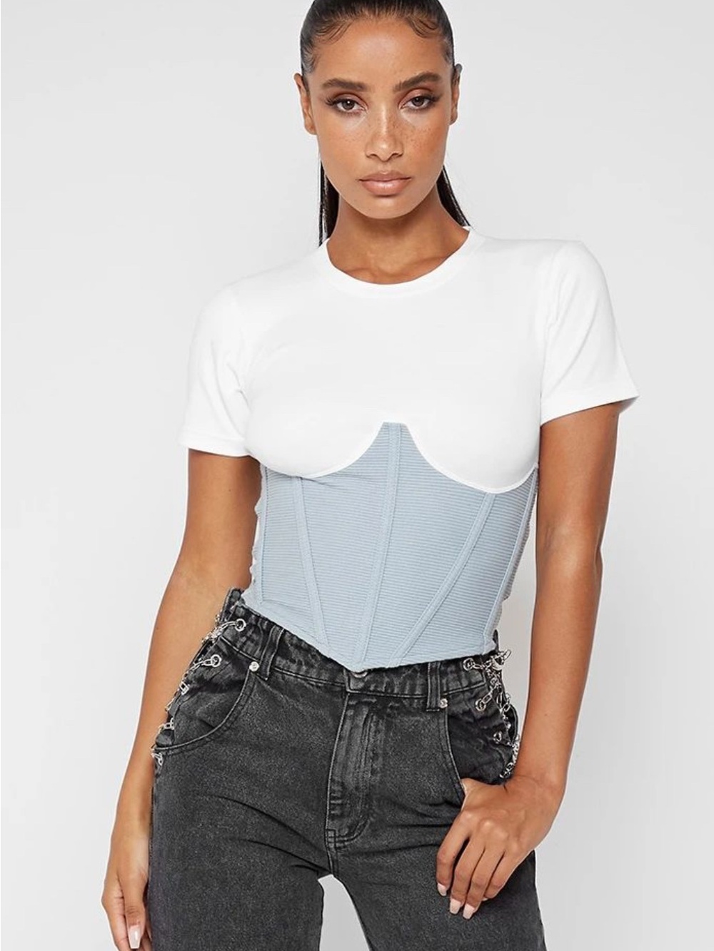 Manière De Voir Corset Panel Crop Top – White & Blue (UK 10/US 6)